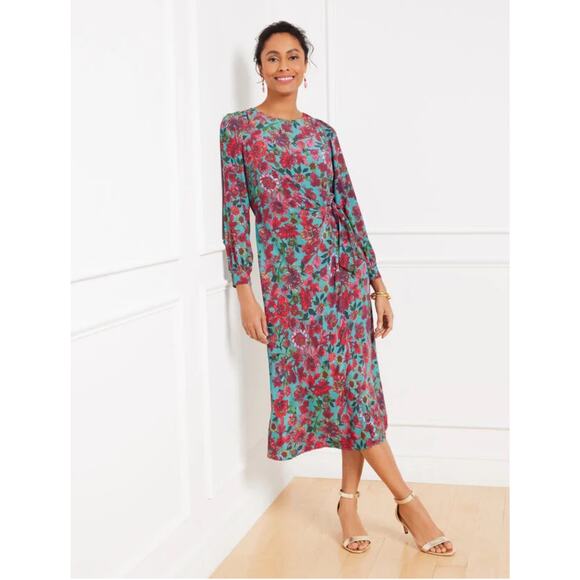 Talbots Floral Midi Dress Size 12 Jewel Tone Long Sleeve Lined Shift Workwear - Picture 1 of 10